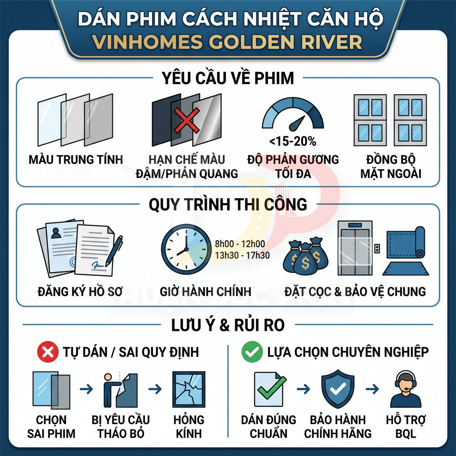 Infographic hướng dẫn dán phim cách nhiệt căn hộ Vinhomes Golden River, yêu cầu về phim và quy trình thi công