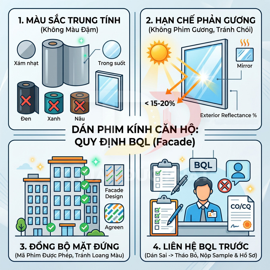 Infographic quy định dán phim kính căn hộ về màu sắc trung tính, hạn chế phản gương và đồng bộ mặt đứng