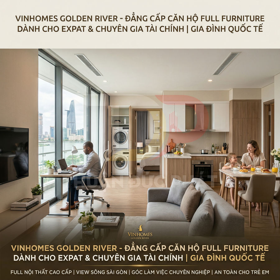 Căn hộ Vinhomes Golden River full nội thất cao cấp, phòng khách bếp liền kề, góc làm việc view sông Sài Gòn