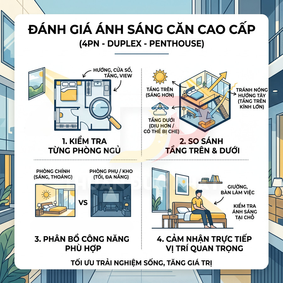 Infographic hướng dẫn đánh giá ánh sáng căn hộ cao cấp 4PN duplex penthouse với các bước kiểm tra và bố trí phòng ngủ