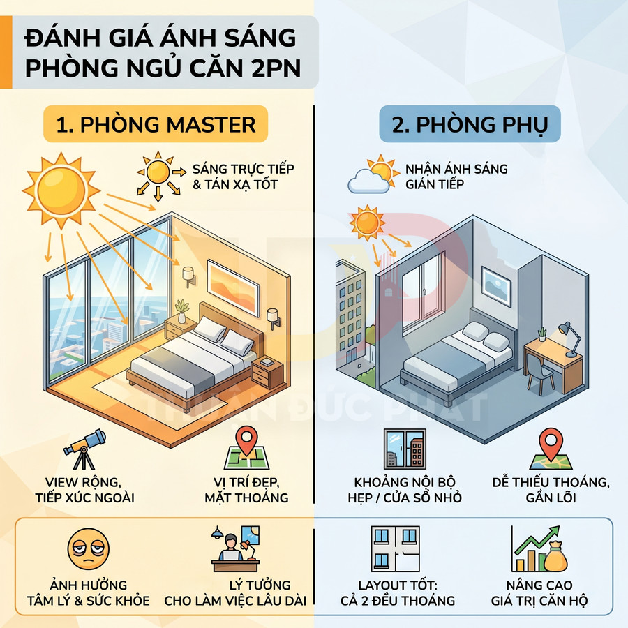So sánh ánh sáng phòng ngủ master và phòng phụ trong căn hộ 2 phòng ngủ, minh họa ưu nhược điểm từng phòng