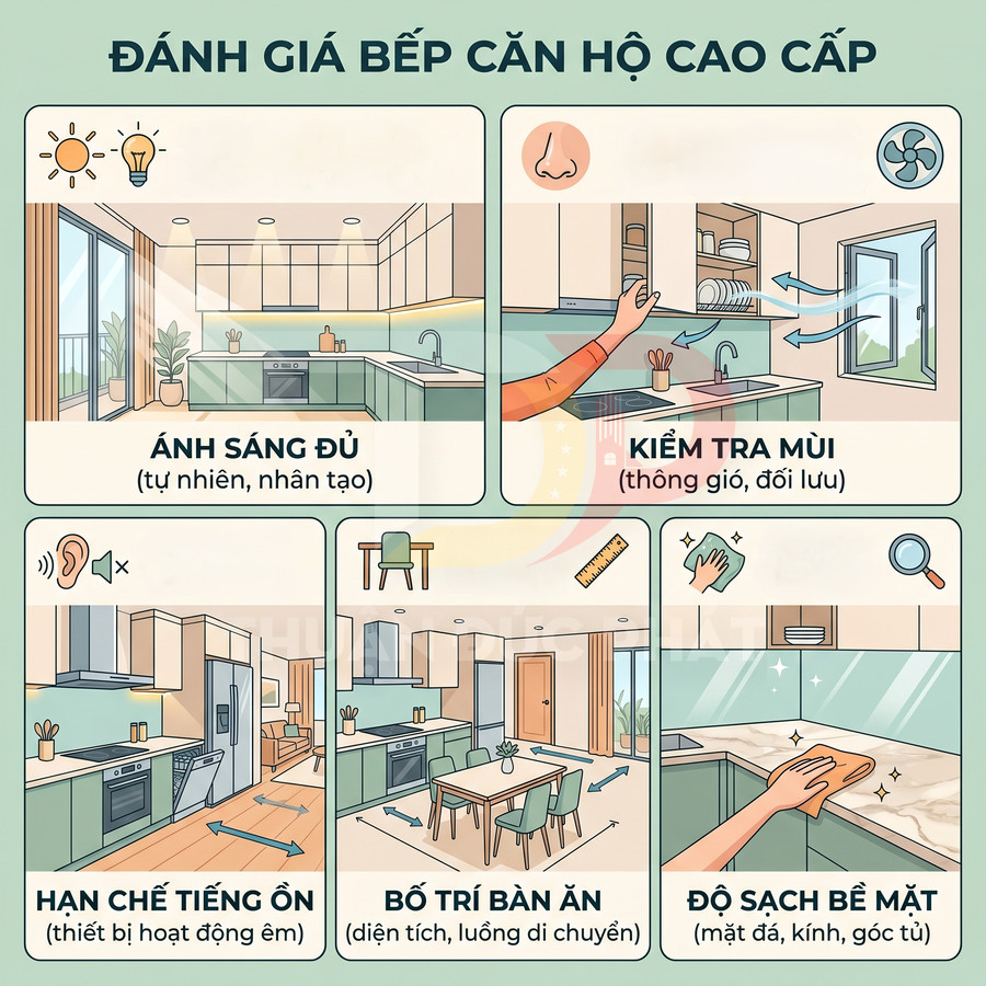 Minh họa bếp căn hộ cao cấp với ánh sáng đủ, thông gió tốt, bố trí bàn ăn hợp lý và bề mặt đá sạch sẽ