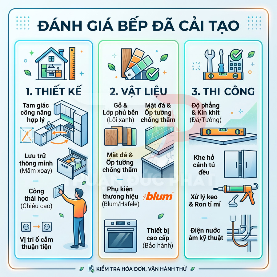 Infographic đánh giá bếp đã cải tạo với tiêu chí thiết kế, vật liệu, thi công và phụ kiện Blum