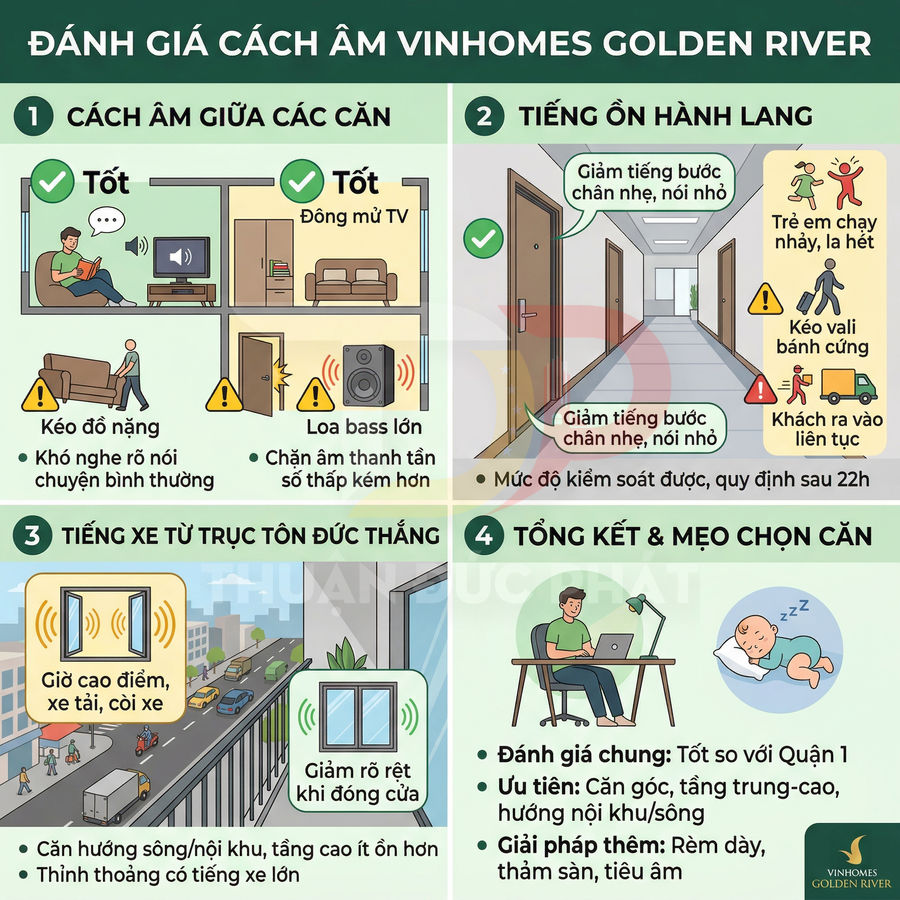 Infographic đánh giá khả năng cách âm căn hộ Vinhomes Golden River và mẹo chọn căn yên tĩnh