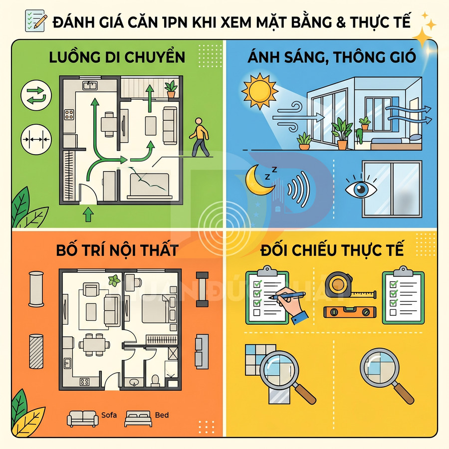 Infographic hướng dẫn đánh giá căn hộ 1 phòng ngủ qua mặt bằng, ánh sáng, nội thất và đối chiếu thực tế