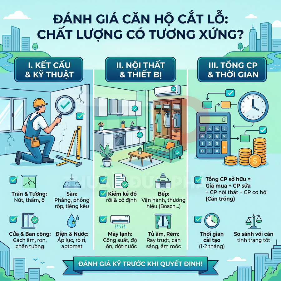 Infographic hướng dẫn đánh giá chất lượng căn hộ cắt lỗ về kết cấu nội thất chi phí và thời gian cải tạo