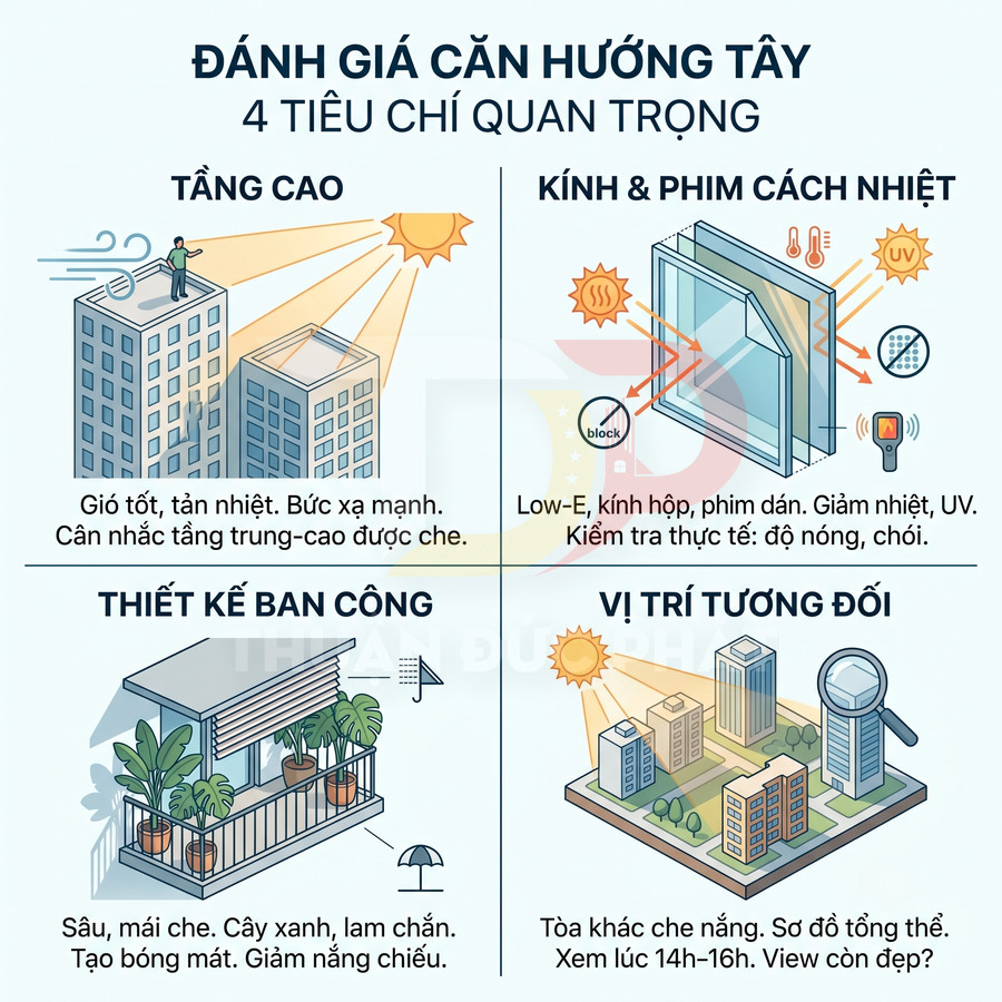 Infographic đánh giá căn hộ hướng tây với 4 tiêu chí: tầng cao, kính cách nhiệt, thiết kế ban công, vị trí tòa nhà