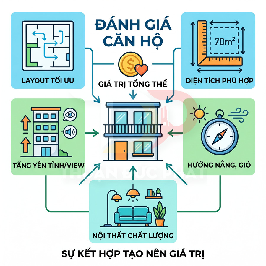 Các tiêu chí đánh giá căn hộ: layout tối ưu, diện tích, hướng nắng gió, yên tĩnh view, nội thất chất lượng