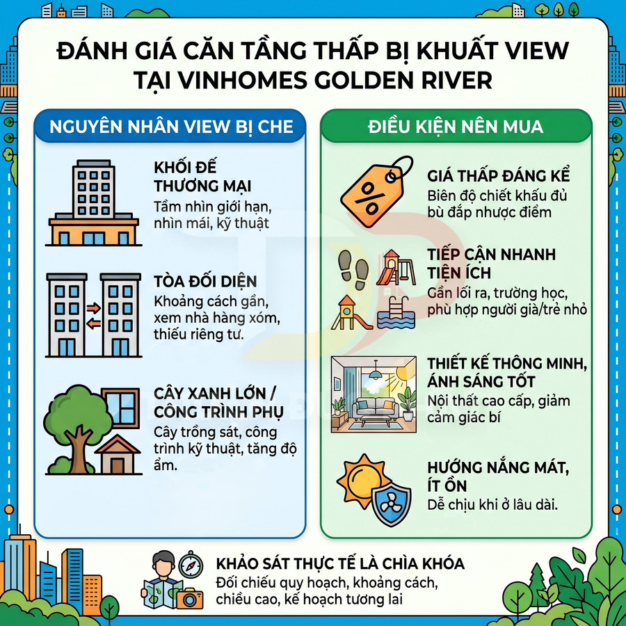 Infographic đánh giá căn hộ tầng thấp bị khuất view và điều kiện nên mua tại Vinhomes Golden River