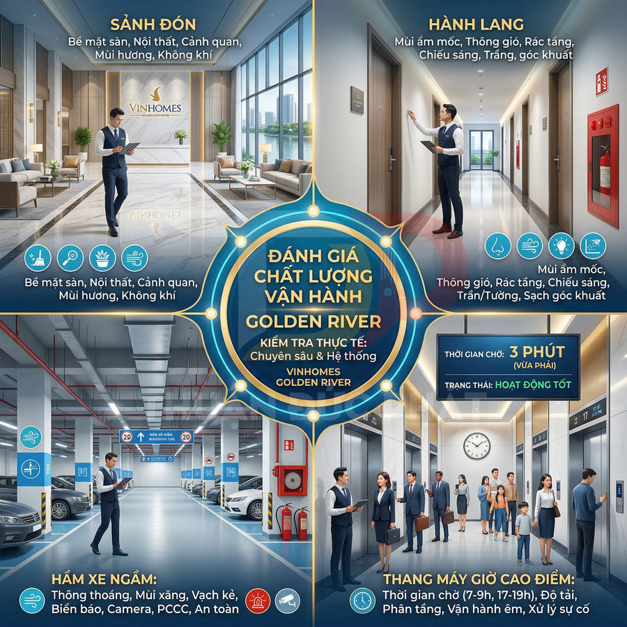 Infographic đánh giá chất lượng vận hành khu căn hộ cao cấp Vinhomes Golden River với sảnh, hành lang, hầm xe và thang máy