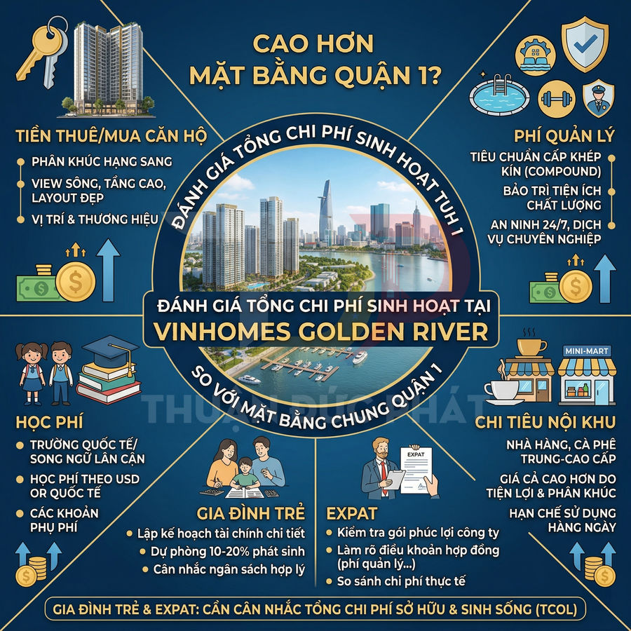 Infographic đánh giá tổng chi phí sinh hoạt tại khu căn hộ cao cấp Vinhomes Golden River ở quận 1, TP HCM