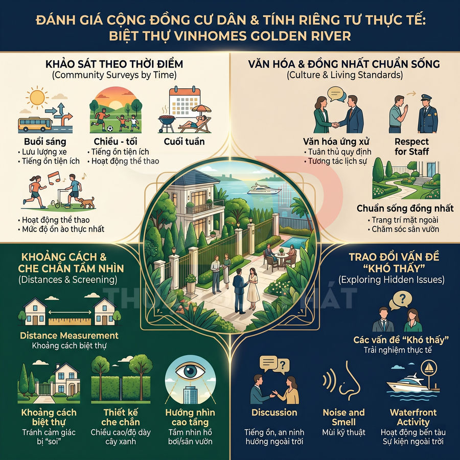 Infographic đánh giá cộng đồng cư dân và tính riêng tư biệt thự Vinhomes Golden River với các tiêu chí sống và tiện ích