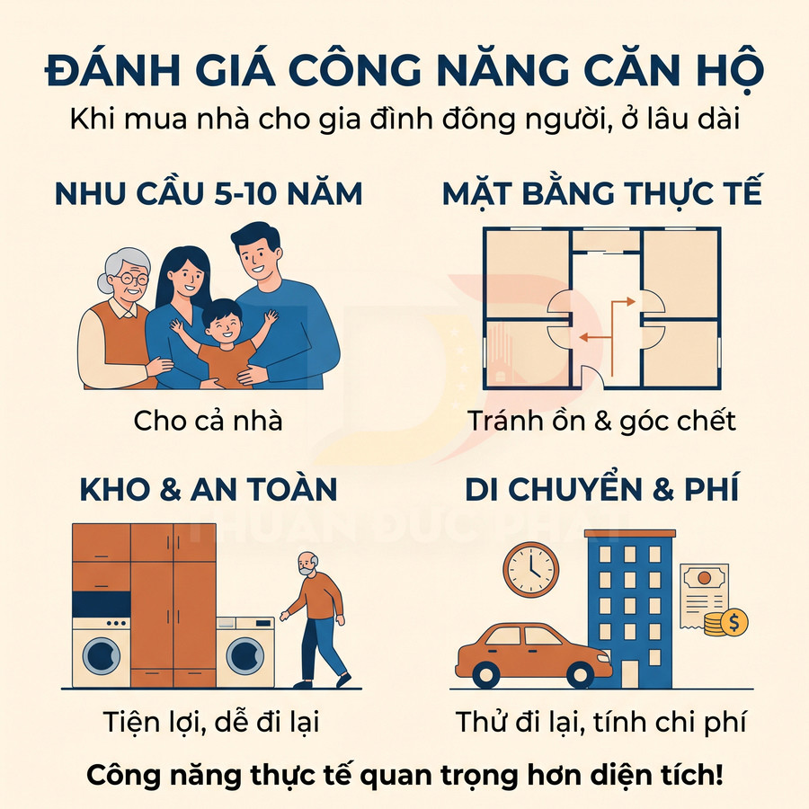 Các tiêu chí đánh giá công năng căn hộ cho gia đình đông người gồm nhu cầu lâu dài, mặt bằng, lưu trữ và chi phí đi lại