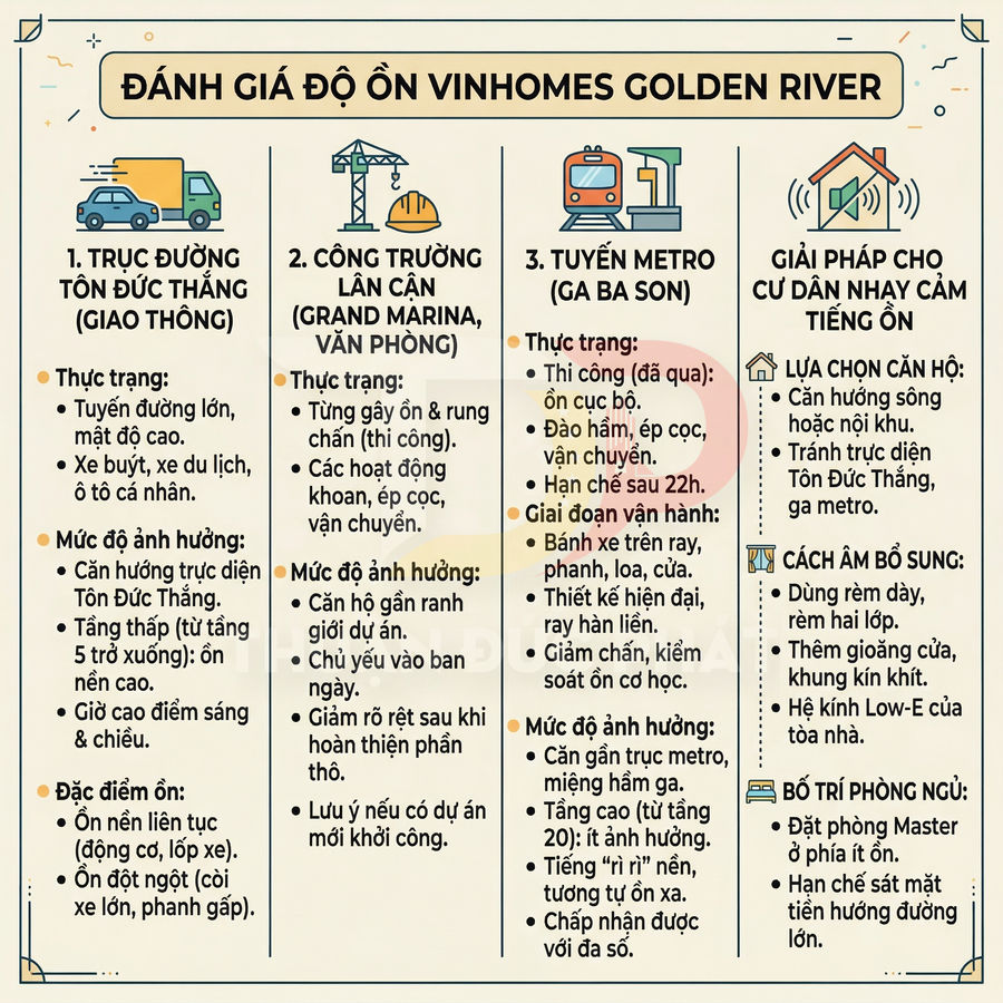 Infographic đánh giá độ ồn Vinhomes Golden River và giải pháp chọn căn hộ, cách âm cho cư dân nhạy cảm tiếng ồn