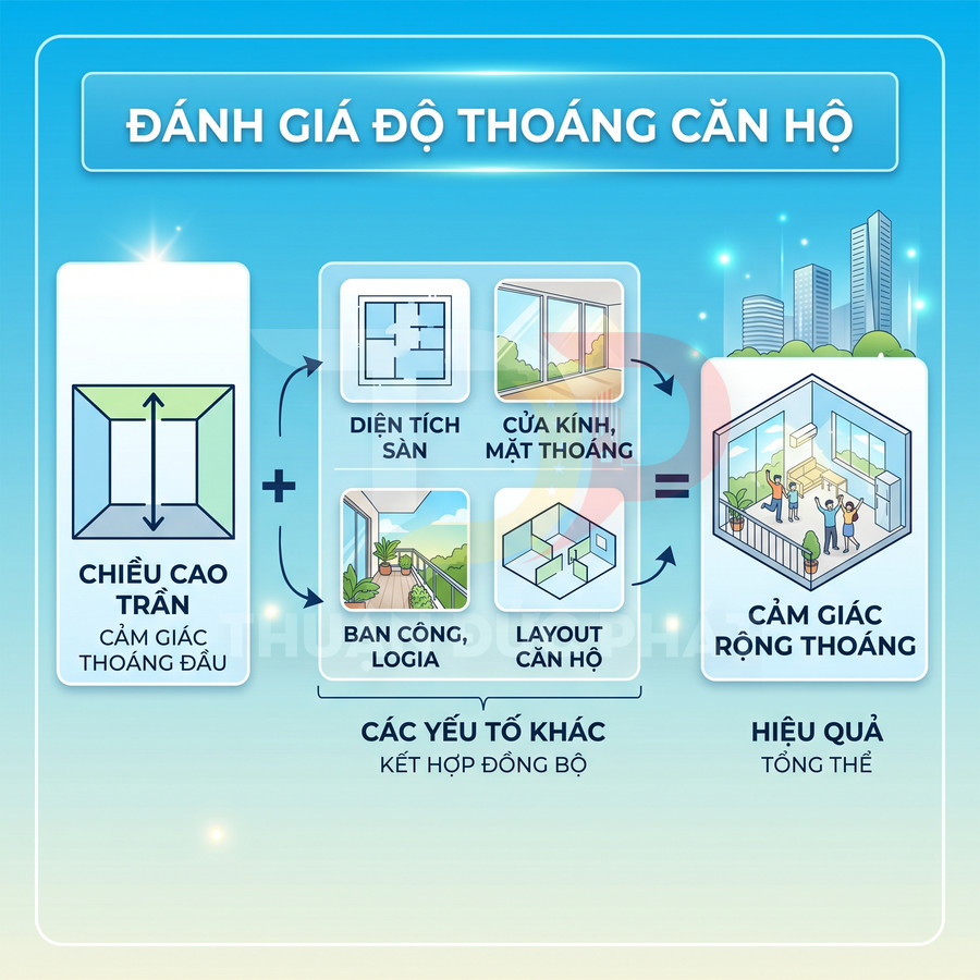 Infographic đánh giá độ thoáng căn hộ với các yếu tố chiều cao trần, diện tích sàn, cửa kính, ban công và layout