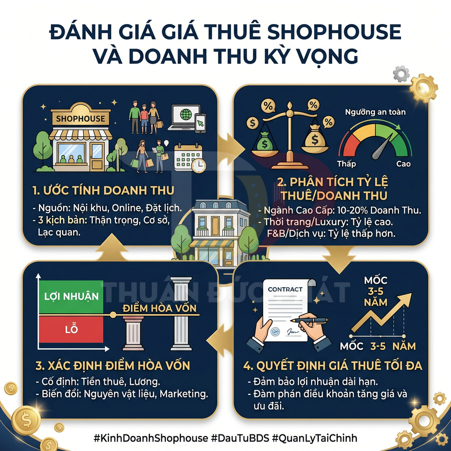Infographic quy trình đánh giá giá thuê shophouse và doanh thu kỳ vọng trong kinh doanh bất động sản