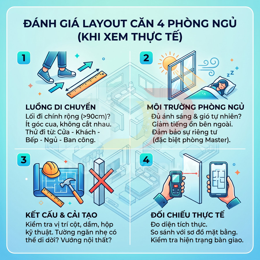 Infographic hướng dẫn đánh giá layout căn hộ 4 phòng ngủ với 4 tiêu chí khi đi xem thực tế