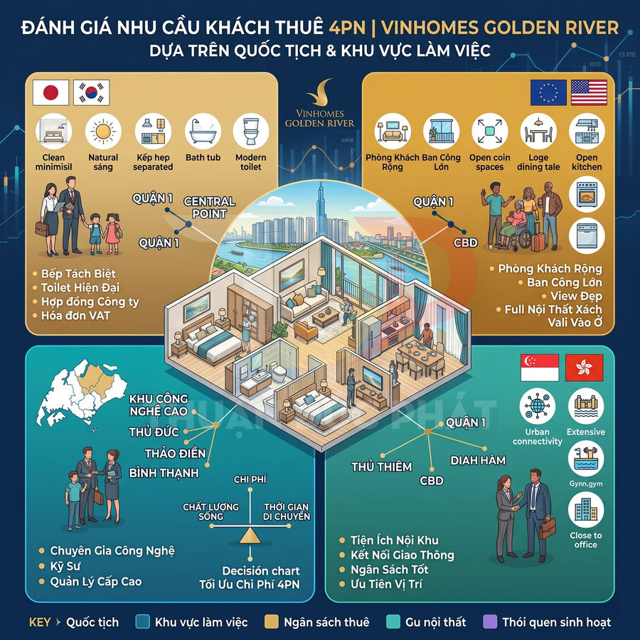 Infographic đánh giá nhu cầu thuê căn hộ 4 phòng ngủ Vinhomes Golden River theo quốc tịch và khu vực làm việc