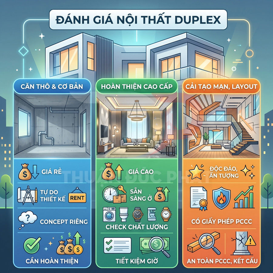 So sánh các mức độ hoàn thiện nội thất căn hộ duplex từ thô cơ bản đến cao cấp và cải tạo ấn tượng