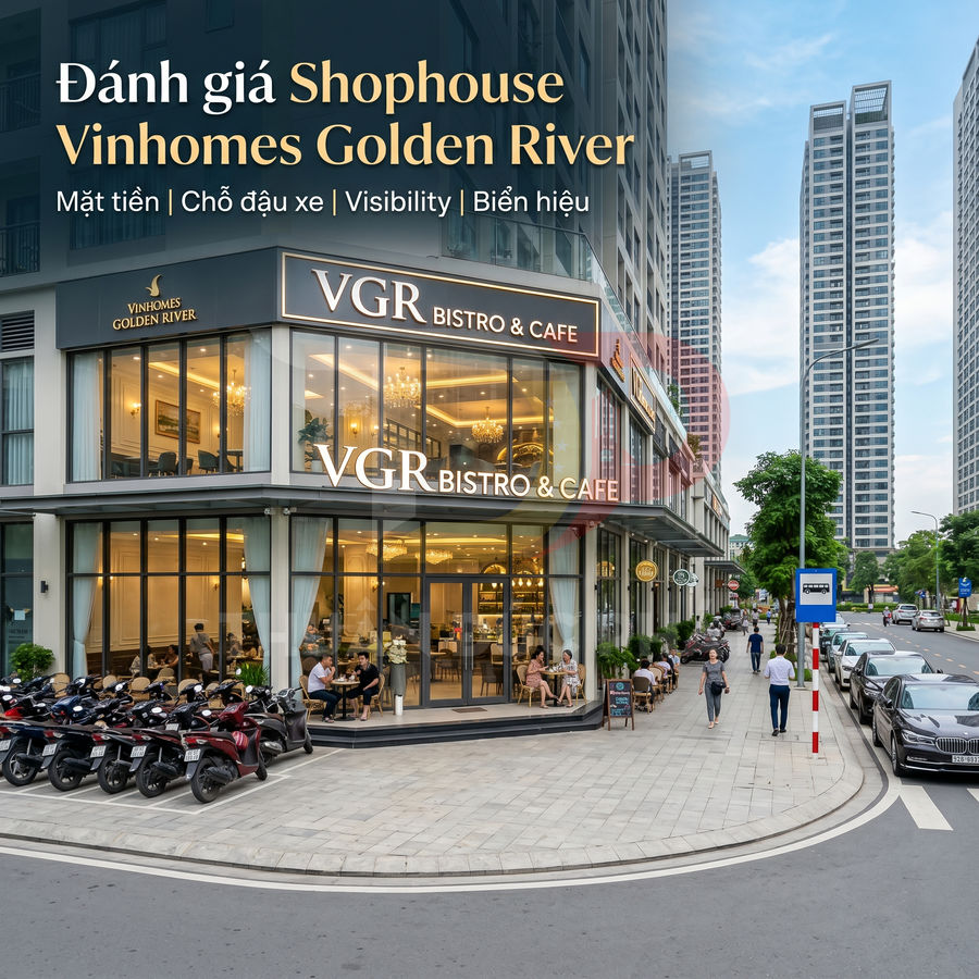 Mặt tiền shophouse Vinhomes Golden River với quán VGR Bistro and Cafe góc phố, chỗ đậu xe máy và ô tô