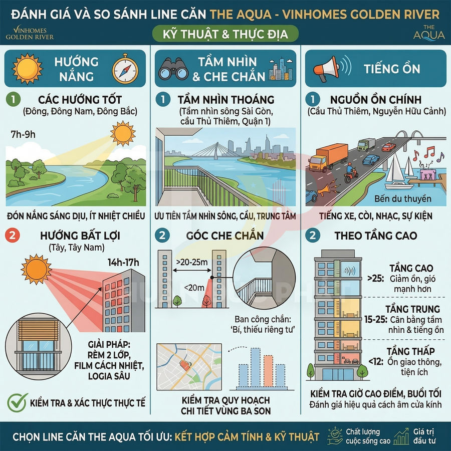 Infographic đánh giá và so sánh line căn hộ The Aqua Vinhomes Golden River về hướng nắng tầm nhìn và tiếng ồn