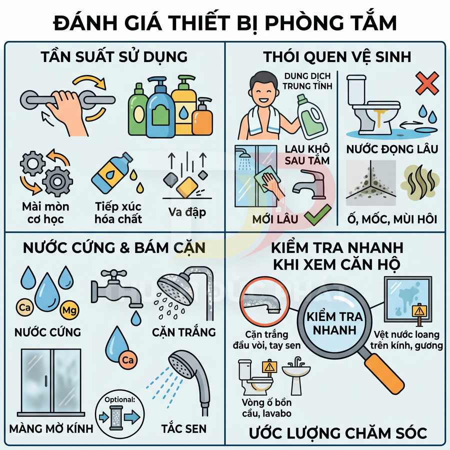 Hướng dẫn đánh giá và kiểm tra nhanh thiết bị phòng tắm, vòi sen, bồn cầu, lavabo khi xem căn hộ