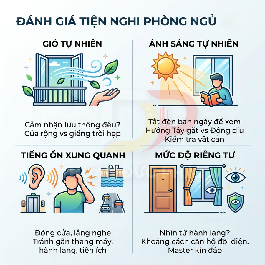 Infographic đánh giá tiện nghi phòng ngủ với gió tự nhiên, ánh sáng, tiếng ồn và mức độ riêng tư