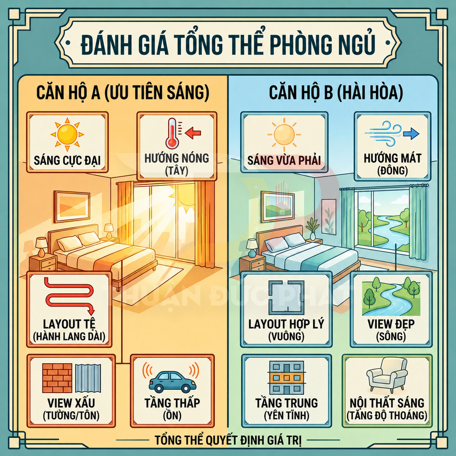 So sánh phòng ngủ căn hộ A và B về ánh sáng, hướng, layout, view và nội thất để đánh giá giá trị