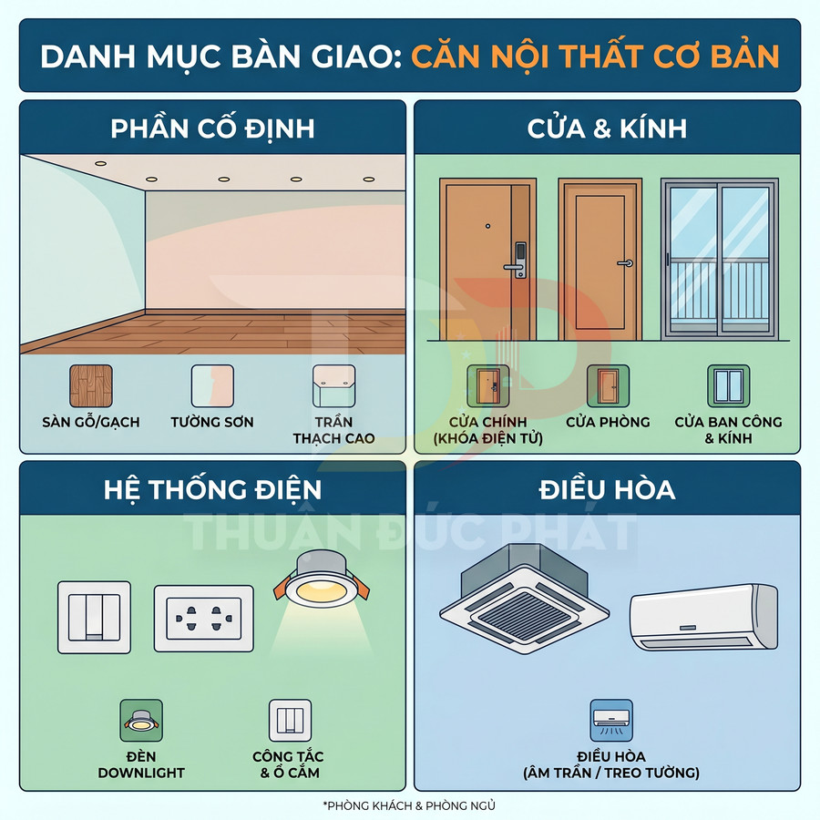 Danh mục bàn giao căn hộ nội thất cơ bản với sàn gỗ, trần thạch cao, cửa kính, hệ thống điện và điều hòa