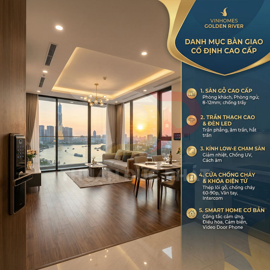 Căn hộ Vinhomes Golden River cao cấp với phòng khách view sông, sàn gỗ, trần thạch cao và nội thất hiện đại