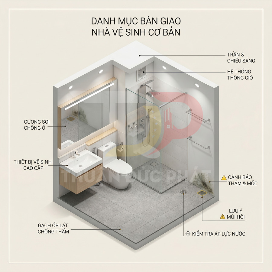 Mẫu nhà vệ sinh cơ bản với bồn cầu, lavabo, gương chống ố, vách kính tắm và gạch ốp lát chống thấm