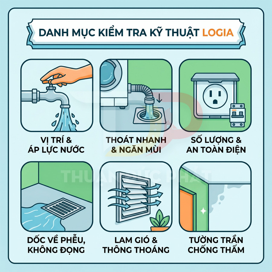 Danh mục kiểm tra kỹ thuật logia với hình minh họa nước, điện, thoát sàn, thông gió và tường trần chống thấm
