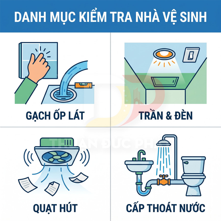 Danh mục kiểm tra nhà vệ sinh gồm gạch ốp lát, trần đèn, quạt hút và hệ thống cấp thoát nước