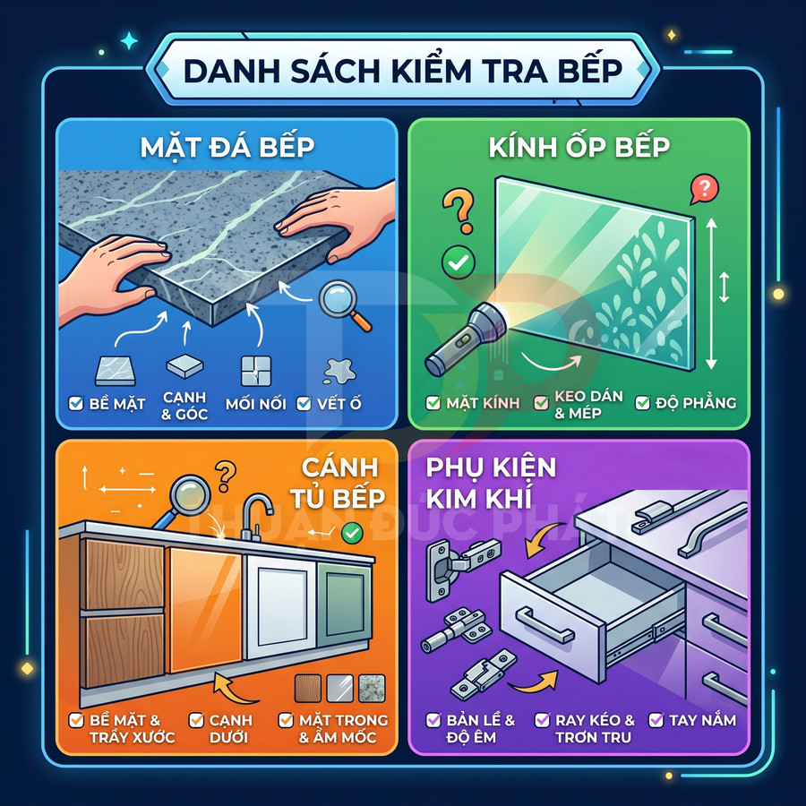 Danh sách kiểm tra bếp với minh họa mặt đá bếp, kính ốp bếp, cánh tủ bếp và phụ kiện kim khí