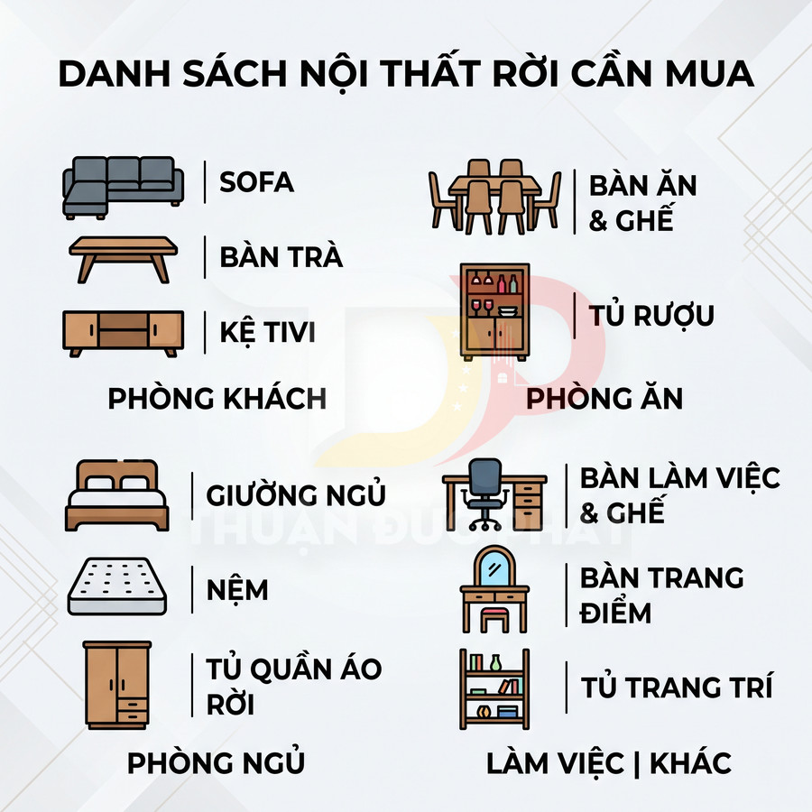Danh sách nội thất rời cần mua cho phòng khách, phòng ngủ, phòng ăn và phòng làm việc với hình minh họa từng món
