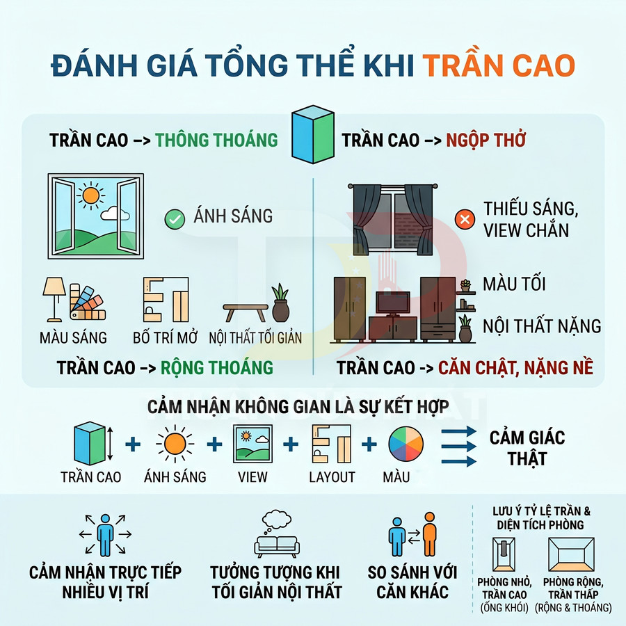 Infographic đánh giá tổng thể khi trần nhà cao, so sánh không gian thoáng rộng và cảm giác ngột ngạt trong nội thất