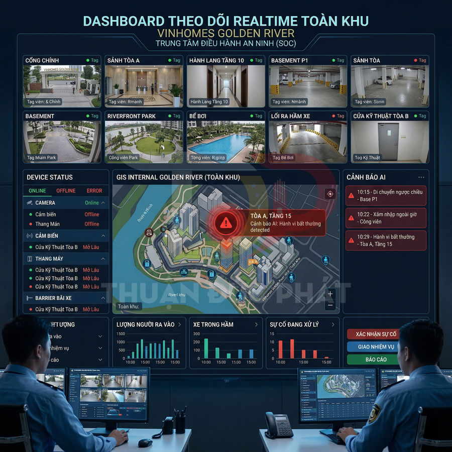 Màn hình dashboard giám sát an ninh realtime Vinhomes Golden River trong trung tâm điều hành SOC