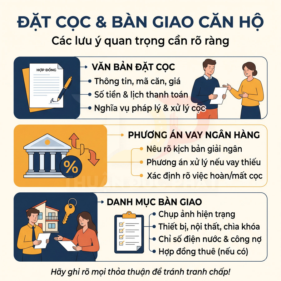 Các lưu ý khi đặt cọc và bàn giao căn hộ: hợp đồng, phương án vay ngân hàng và danh mục bàn giao.