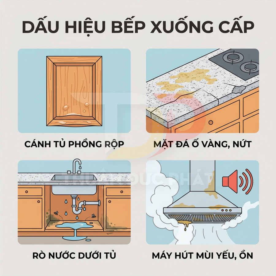 Minh họa các dấu hiệu bếp xuống cấp với cánh tủ phồng rộp, mặt đá ố vàng nứt, rò nước và máy hút mùi yếu