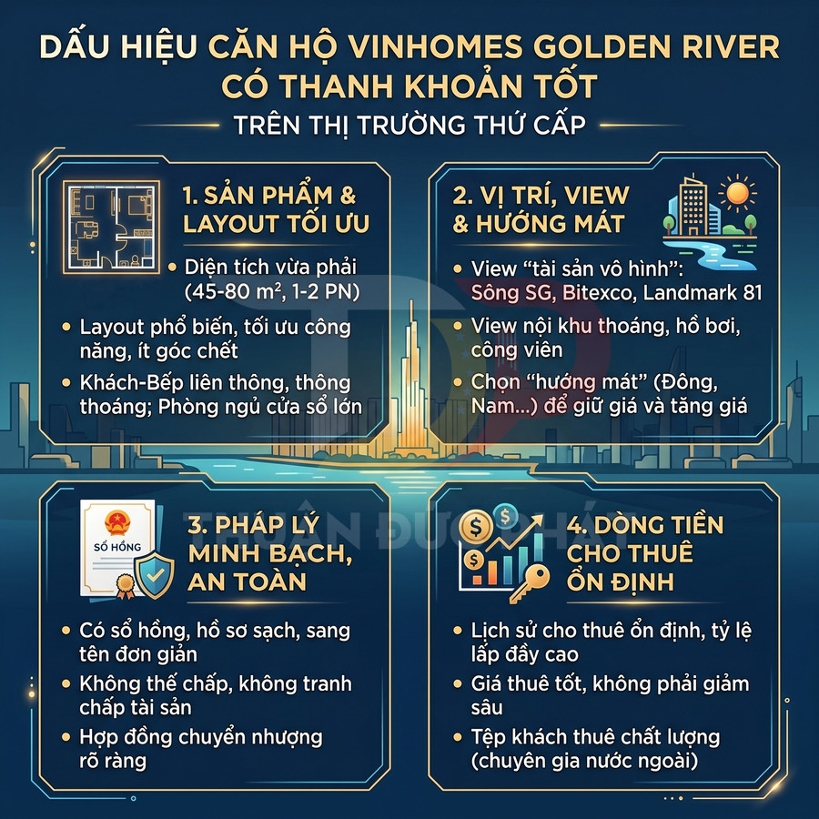 Infographic dấu hiệu căn hộ Vinhomes Golden River có thanh khoản tốt và dòng tiền cho thuê ổn định