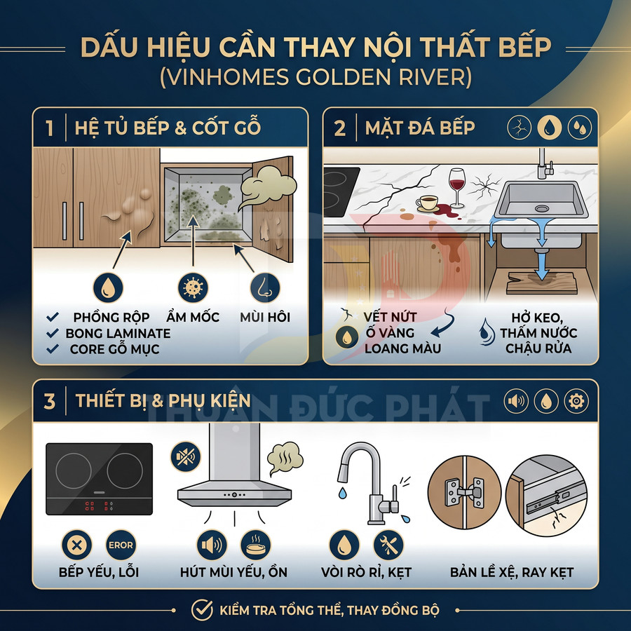 Infographic dấu hiệu cần thay nội thất bếp Vinhomes Golden River với tủ bếp, mặt đá, thiết bị và phụ kiện hư hỏng