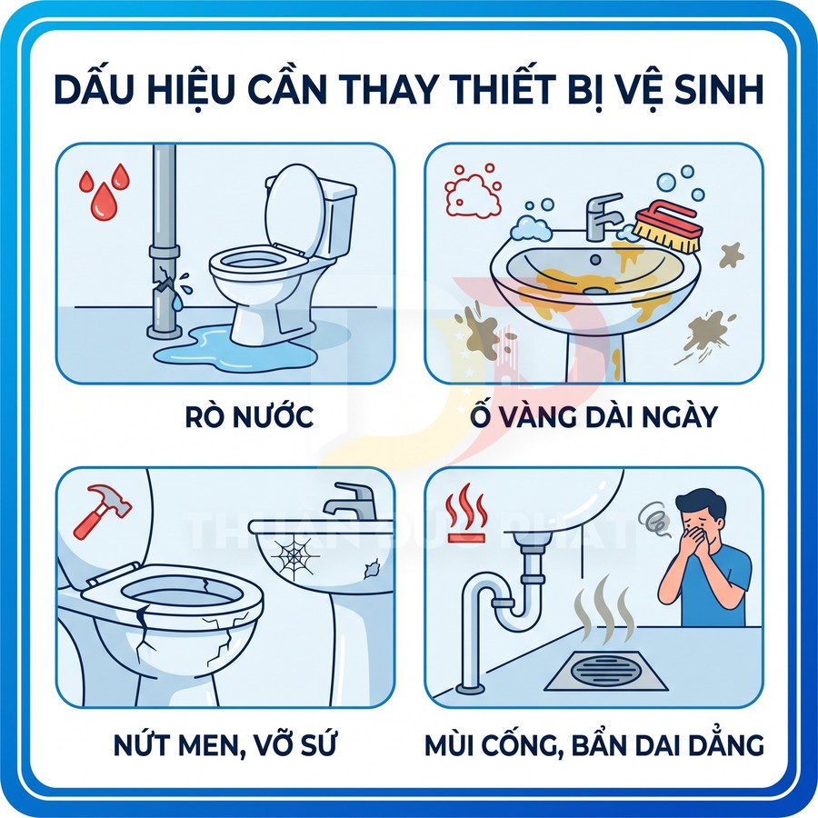 Dấu hiệu cần thay thiết bị vệ sinh với hình minh họa rò rỉ nước, ố vàng, nứt vỡ sứ và mùi cống khó chịu