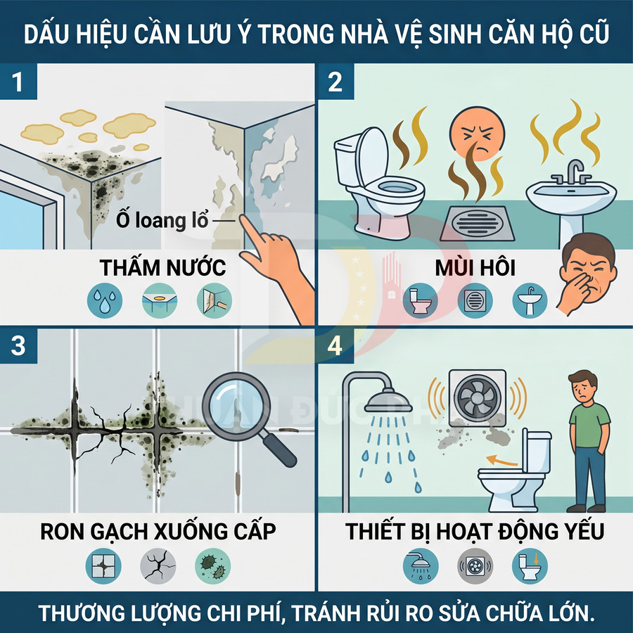 Các dấu hiệu xuống cấp nhà vệ sinh căn hộ cũ như thấm nước, mùi hôi, ron gạch hỏng, thiết bị hoạt động yếu