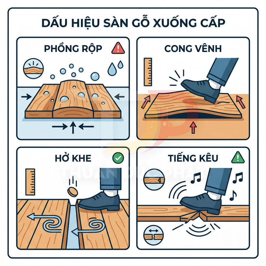 Minh họa các dấu hiệu sàn gỗ công nghiệp xuống cấp như phồng rộp, cong vênh, hở khe và phát ra tiếng kêu
