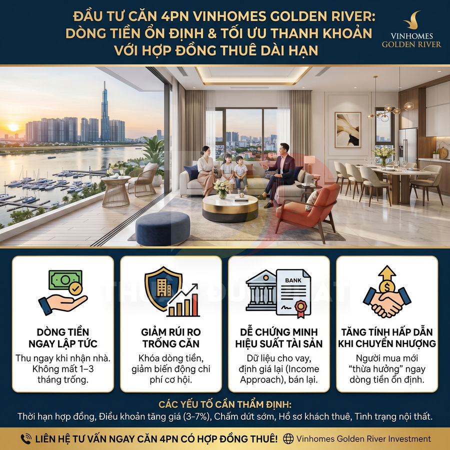 Căn hộ 4 phòng ngủ Vinhomes Golden River view sông Sài Gòn, phòng khách sang trọng, quảng bá đầu tư cho thuê dài hạn