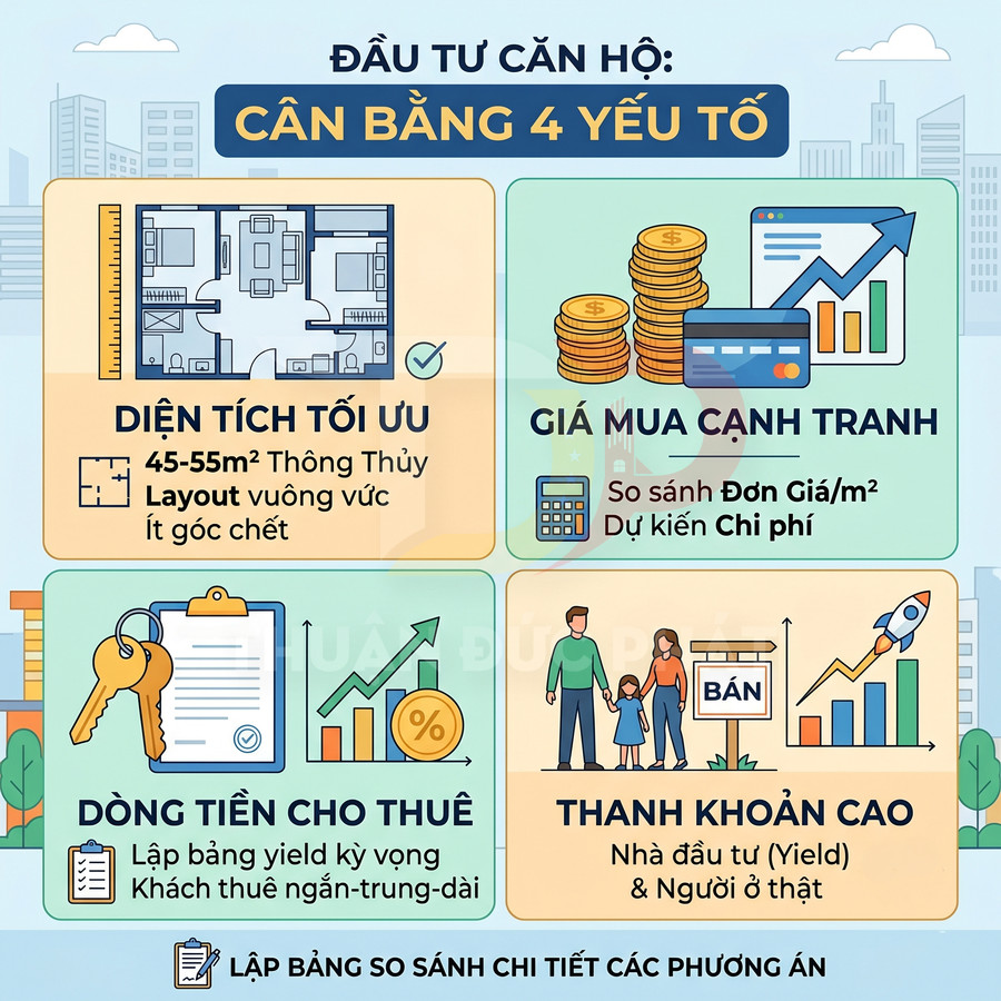 Infographic hướng dẫn đầu tư căn hộ với 4 yếu tố diện tích tối ưu giá mua cạnh tranh dòng tiền cho thuê thanh khoản cao