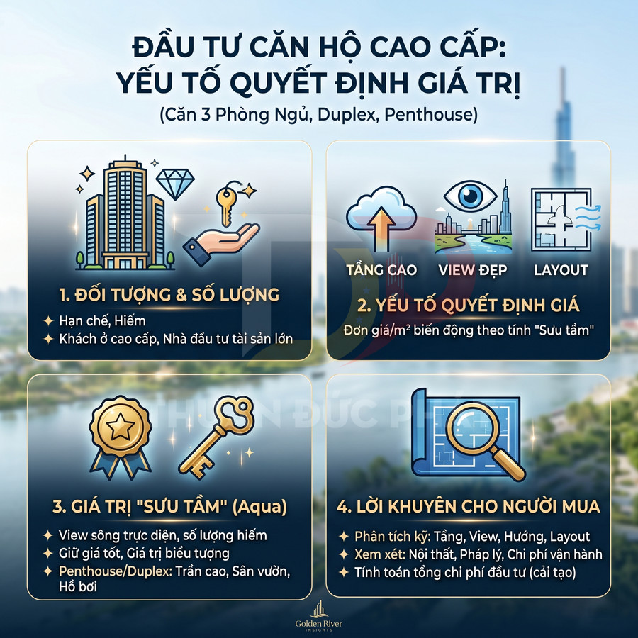 Infographic các yếu tố quyết định giá trị đầu tư căn hộ cao cấp 3 phòng ngủ duplex penthouse Golden River