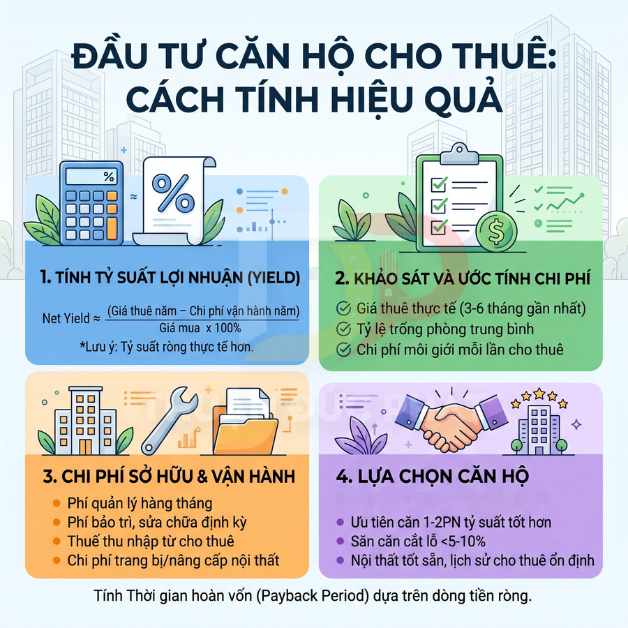 Infographic hướng dẫn cách tính hiệu quả đầu tư căn hộ cho thuê với 4 bước và các chi phí cần lưu ý