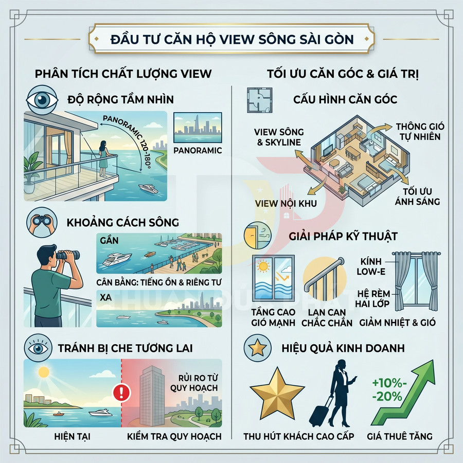 Infographic hướng dẫn đầu tư căn hộ view sông Sài Gòn với phân tích chất lượng view và tối ưu căn góc