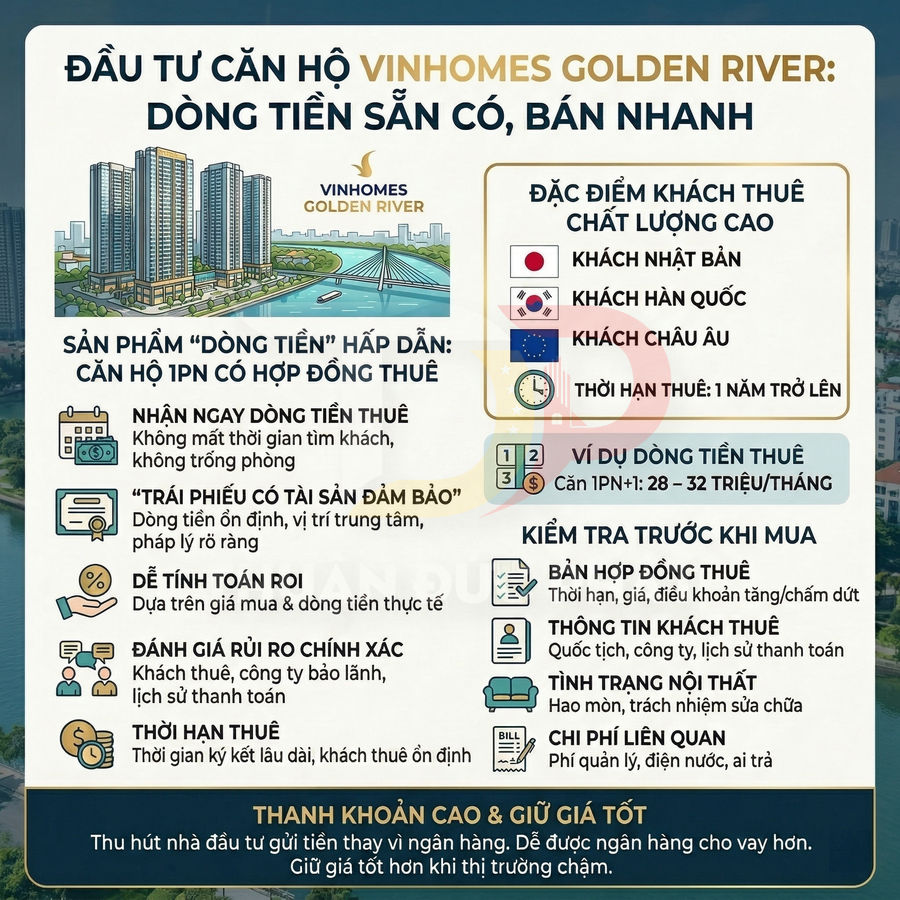 Infographic giới thiệu đầu tư căn hộ Vinhomes Golden River 1 phòng ngủ có hợp đồng thuê, dòng tiền cho thuê ổn định